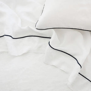 Cultiver Piped Linen Flat Sheet - White/Navy Piped