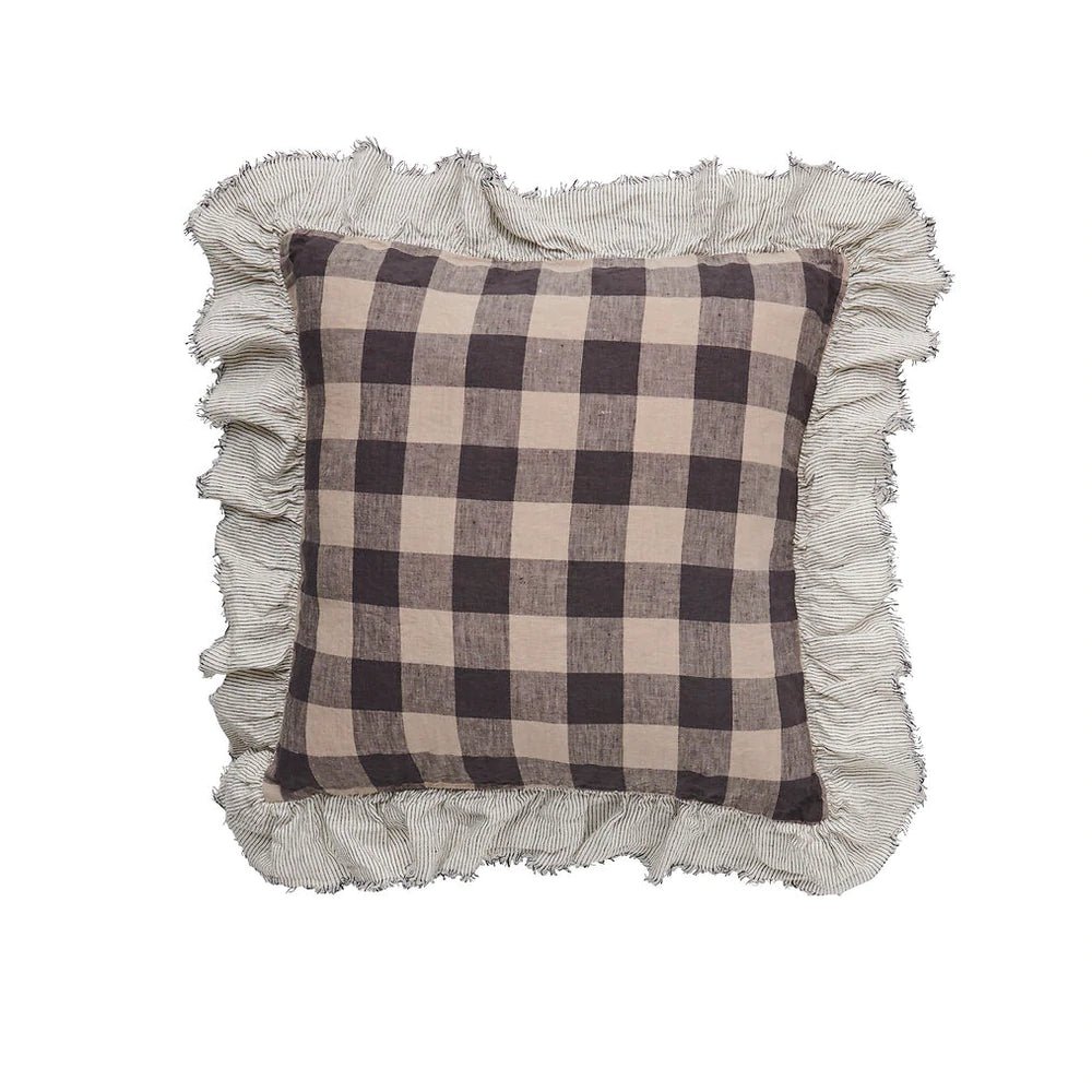 Linen Cushion - Licorice Gingham Full Ruffle