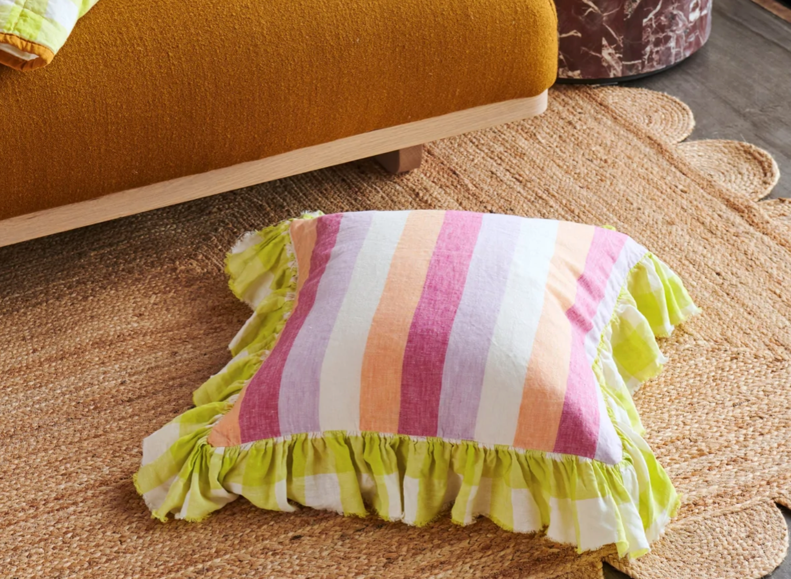 Linen Cushion - Bellini Stripe Full Ruffle